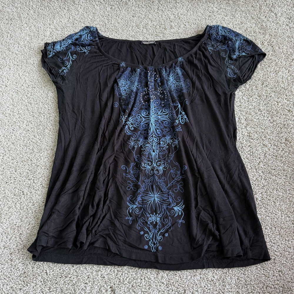 Y2K Vanilla Sugar Shirt Womens M Black Blue Scoop Neck Rhinestone Graphic Top